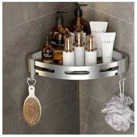 Tablette de douche à angle métallique sans perçage avec 2 crochets de douche Support anti-rouille autocollant (1/4)