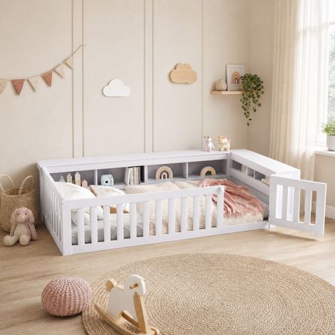 DESMIU Lit Enfant 1 Place avec Rangements, Barrières et Portillon 90 × 200 cm, Sans Matelas, Bois Massif Blanc (1/4)