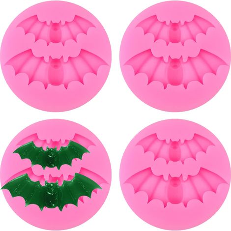 Moules en silicone chauve-souris d'Halloween (lot de 4) pour fondant, chocolat, pâtisserie, gelée et pudding, idéal pour la décoration de gâteaux et de pâtisseries, rose (1/5)