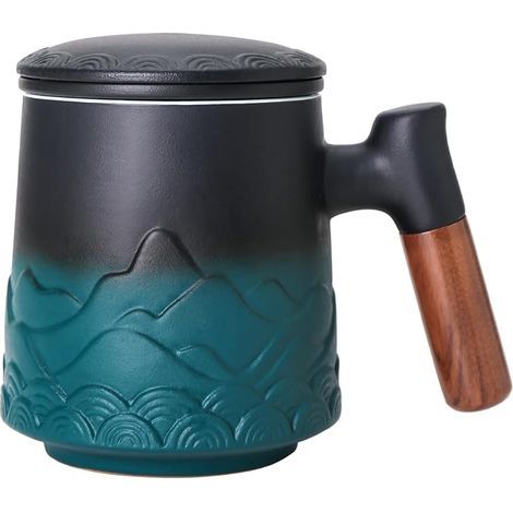 Teekanne mit Filter und Deckel – 500 ml Aufgussbecher, Keramiktasse mit Holzgriff, Grün, elegante Kräuterteetasse für losen Tee oder Teebeutel (1/5)