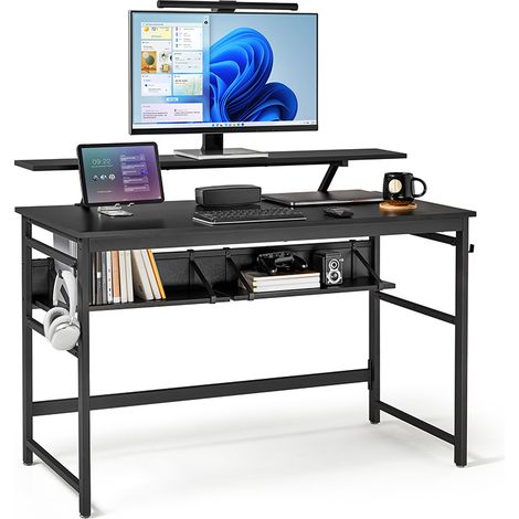 Mondeer – Bureau droit 120 cm avec 2 étagères amovibles – Support de moniteur ergonomique – Panneau de particules et métal – Noir (1/5)
