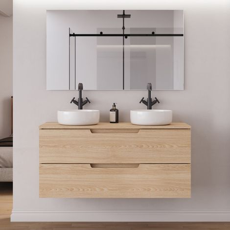 Meuble de salle de bain 120cm avec plateau et 2 vasques à poser rondes - 2 tiroirs - roble era (chêne clair) - SONRIZA (1/5)