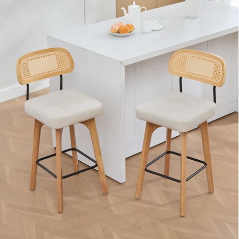 Juego de 2 taburetes de bar giratorios 360° de chenilla beige con respaldo de ratán - CHICFURN (1/5)