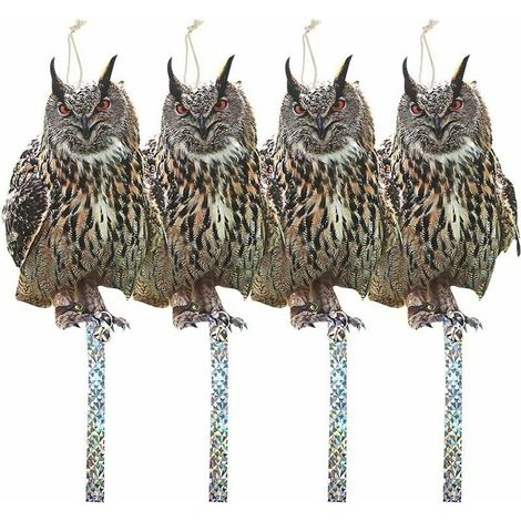 Espantapájaros con tira repelente antipalomas, repelente de gatos para exteriores, espantapájaros, mantiene palomas y cuervos alejados de balcones, patios y ventanas, juego de 4 búhos (1/5)