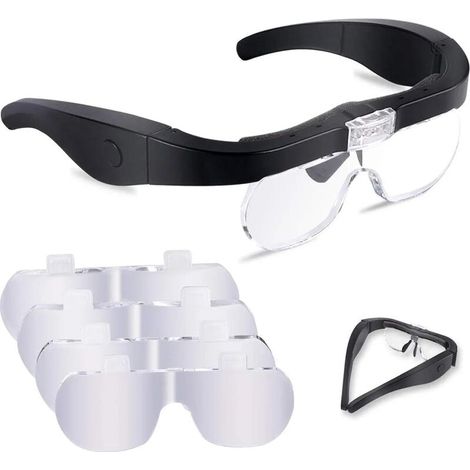 Lunette Loupe avec 2 LED, Frontale Grossissantes Casque Loupe Mains Libres avec 4 Lentilles Amovibles pour Lecture, Bijoutier, Couture, et Bricolage (1.5X-5X) (1/5)