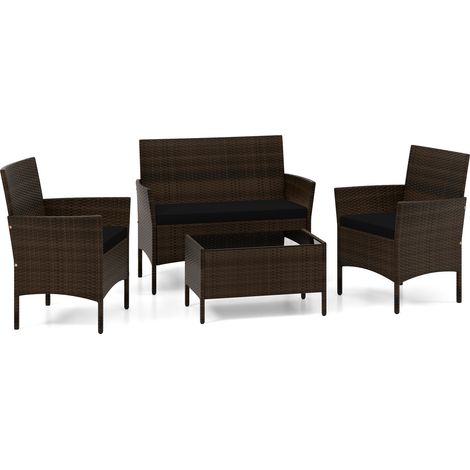 4 Piece Patio Rattan Conversation Set with Cozy Seat Cushions-Black (1/5)