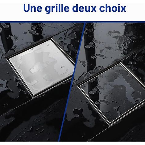 Caniveau de douche carré 20 x 20 cm, siphon à 360° avec anti-odeurs et tamis à cheveux, gouttière de drainage en acier inoxydable plat DN50 DN40 (1/4)