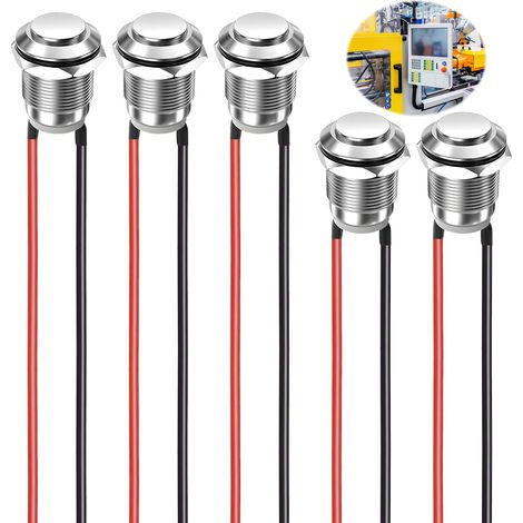 5 Pièces Interrupteur à Bouton Poussoi, 12mm Bouton Poussoir Momentané avec Câble Mini interrupteur Coque Métallique Tête Haute Poussoir Rond Étanches IP65 Précâblés Idéal pour Klaxon Voiture Maison (1/5)