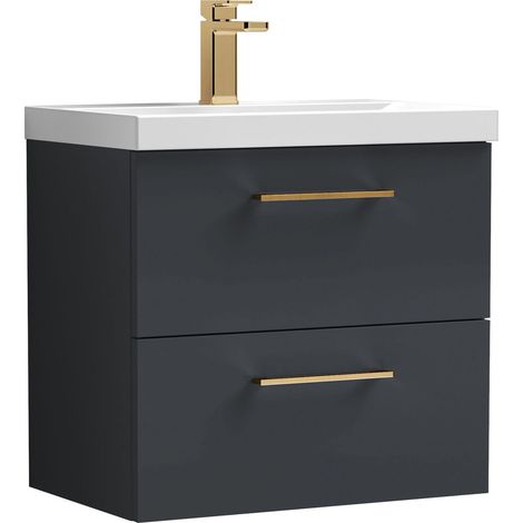 Balterley 600mm Wall Hung Bathroom 2 Drawer Vanity Unit and 1 Tap Hole Ceramic Basin, Satin Dark Grey with Brushed Pewter Handles