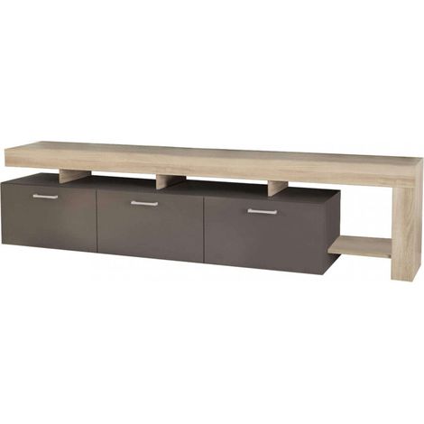 Mobile basso porta tv da interno soggiorno con 3 cassetti e ripiano laterale in legno nobilitato bilaminato Robbert -  Grigio scuro e marrone chiaro (1/5)