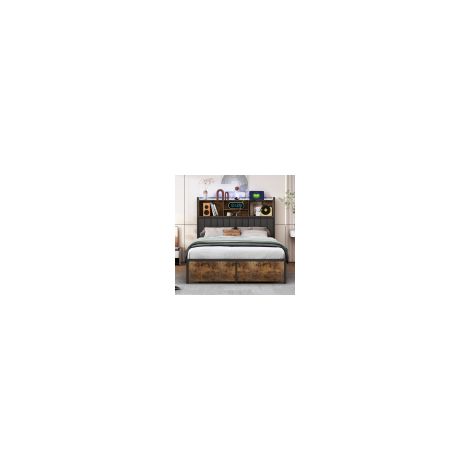 Lit en métal 140x200 avec tête de lit coffre, 2 tiroirs, éclairage LED et recharge USB, lit double tapissé avec rangement, cadre de lit avec sommier à lattes (livraison locale) (1/5)