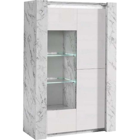 PRAVA - Vitrine 3 Portes Laquée Blanc et Effet Marbre avec Leds (1/4)