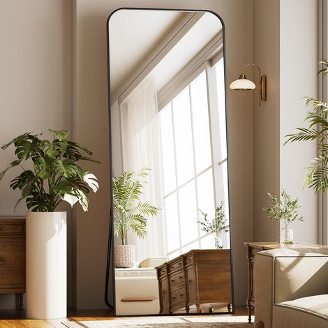 Miroir sur pied avec coins incurvés 76 x 171 cm, miroir pleine longueur, incassable, moderne, merveilleux pour salon, chambre, couloir, noir
