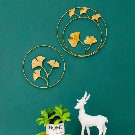 2PCS Sculptures Murales en Fer Métal Feuilles Fer Ginkgo Feuilles Décorations, Décoration Murale Ronde Tenture Murale -24cm (1/4)