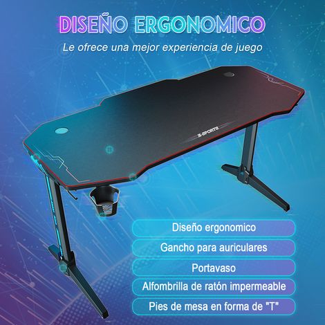 SONNI Mesa Gaming Grande LED 140X60X75cm,Escritorio para Juegos Ordenador PC, con Portavasos Ganchos de Auriculares,Negro (1/5)