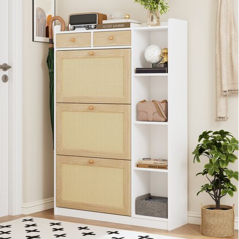 Schuhschrank 90x24x130 cm aus Spanplatten in Weiß und Natur, platzsparend – MEUBLIV (1/5)