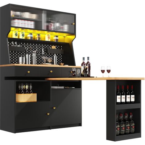 CHICFURN Meuble de rangement avec bureau noir, armoire haute multifonction avec LED, portes vitrées coulissantes, étagères réglables et panneau perforé (1/5)