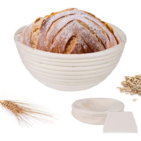 Banneton à Pain, 18cm Panier Brotform Rond L'Imperméabilité en Rotin Naturel Levage du Pain et de la Pâte, Panier Banneton Brotform en Rotin Naturel pour Pain et Levain avec Tissu en Lin, Racloir Pâte (1/5)