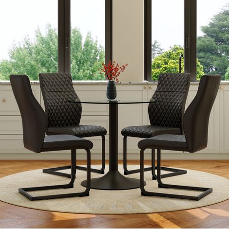Juego de mesa y sillas de comedor (85x85x76 cm), tablero de vidrio templado, respaldo alto, PU y metal, negro y transparente (1/5)