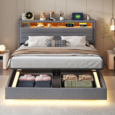 Lit rembourré 160x200 cm avec rangement hydraulique, prise USB, LED, tête réversible, gris lin – lit adulte moderne pour chambre (1/4)