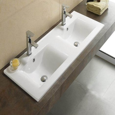 Rue Du Bain – Lavabo double vasque encastrable céramique blanche 121x47 cm – Compatible meuble 120 cm – Plages robinetterie percées – Trop plein avec cache chromé