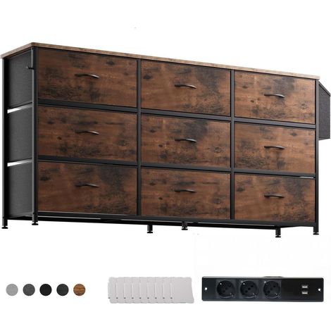 Commode 9 tiroirs tissu, meuble TV 43-65 pouces, rustique marron (1/5)