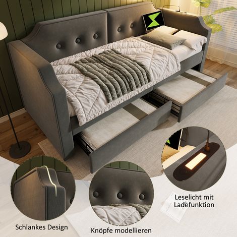 Lit-salon 90x200 cm avec liseuse USB-C, canapé-lit jour avec 2 tiroirs de rangement, lit enfant/adolescent en bois avec sommier, velours gris (sans matelas) (1/5)