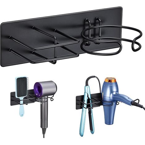 Support Seche Cheveux et Lisseur, Porte seche cheveux Mural, Sans Percage pour Salle de Bains, Noir