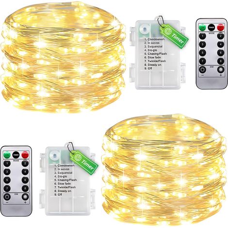 - Lot de 2 guirlandes lumineuses filaires pour intérieur avec piles, minuteur et télécommande - 5 m 50 LED blanc chaud - Petite guirlande lumineuse pour chambre à coucher, Noël, mariage