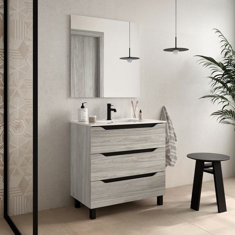 BATHME TRIO Conjunto Completo Mueble de Baño 3 Cajones Color Roble Estela - Medida: 60 cm - ref: AKR6003CRO+SA.LIECO6146+CNB20G