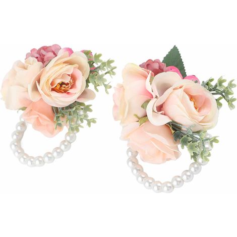 Lot de 2 fleurs artificielles roses pour poignet de demoiselle d'honneur, idéales pour un mariage, un anniversaire ou une soirée cocktail. (1/5)