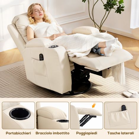 Poltrona massaggiante inclinabile chauffante, 8 zone massaggio e 3 modes, télécommande fournie, similicuir beige. (1/5)