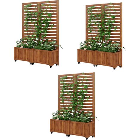 3er-Set pflanzkübel, Outdoo Pflanzgefäß mit Spalier als Kletterhilfe,  Blumenkasten Pflanzkasten, Braunes Massivholz, Geeignet für Garten, Hof und Terrasse, Mit Klapp- und Universalrädern