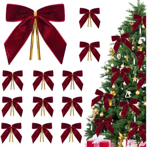 Ribbon - Velvet - Red - For Christmas Tree Decoration - Door Wreath Fireplace Garland - 12 Pieces
