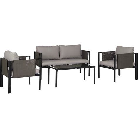 Outsunny 4 Piece Metal Garden Furniture Set with Tempered Glass Coffee Table, Texteline Pocket, Outdoor Set Loveseat Single Armchairs with Padded Cushions, Light Grey