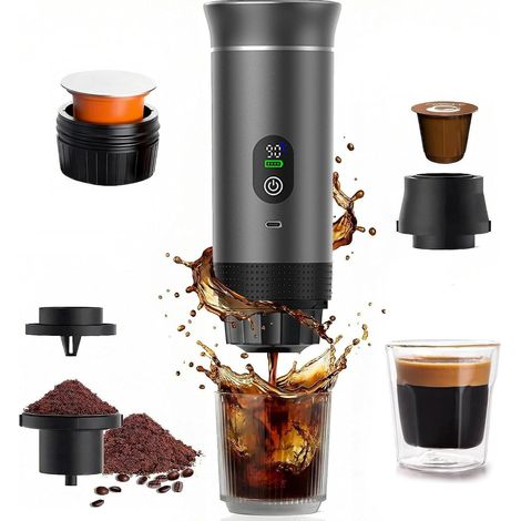 Machine à Café Portable de Voyage, RV, camping, randonnée, bureau auto-chauffage, Charge USB-C, Cafetière avec café moulu et capsule, Machine à café électrique portable (1/5)