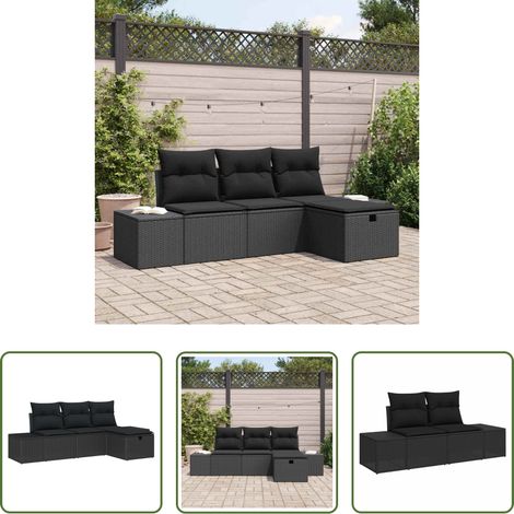 vidaXL Canapé poly rotin - Ensemble de canapé de jardin avec coussin 4 pcs Noir Poly rotin (1/5)
