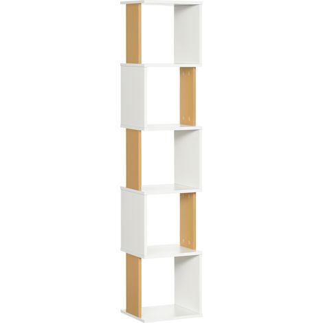 S-förmiges Bücherregal im Buchladenstil, Bücherregal mit 5 Ablagen für Wohnzimmer und Büro, 33 x 28 x 161 cm, Weiß