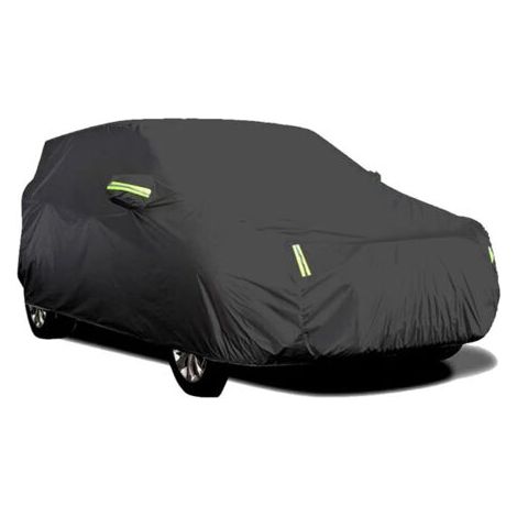 FlkwoH Auto-Außenabdeckung – Atmungsaktiv, UV-beständig, staub- und schneesicher – Mit Befestigungsschnalle und Reflexstreifen (Schwarz, 4,15 x 1,7 x 1,5 m)