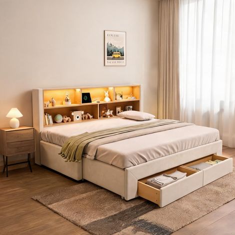 Cadre de lit beige en velours 201 x 194 x 83 cm (1/5)