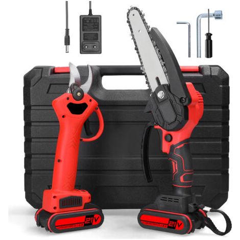 TONYSA Mini-ensemble d'outils d'élagage de 6 pouces, comprenant une tronçonneuse et un sécateur, avec 2 batteries 21 V 1 300 mAh, idéal pour la coupe du bois, l'élagage, la cour et le jardin, rouge (1/5)