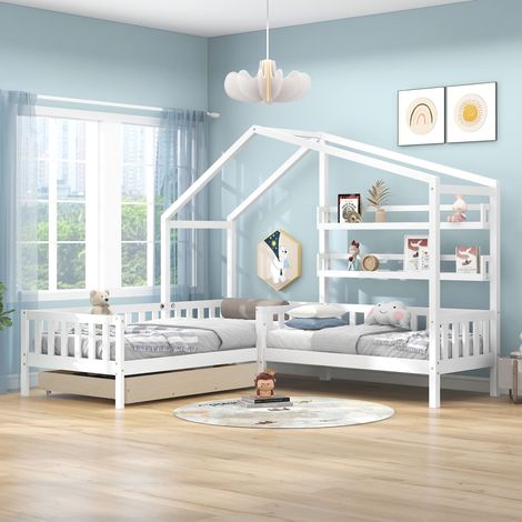 Letto a cabina per bambini con cassetti e ripiani, in legno massiccio con rete a doghe, struttura a L, bianco (90x200 cm+140x70 cm) (1/5)