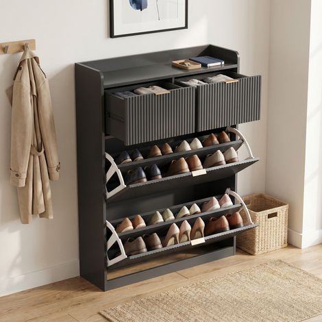 Meuble à chaussures, 80x24x110 cm, armoire de rangement pour chaussures , 2 tiroirs et 2 abattants, bois, style moderne et minimaliste, Noir (1/5)