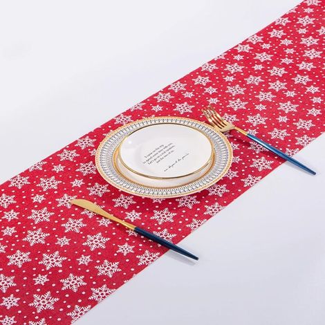 Chemin de table de Noël, Nappe de Noël Rouge avec Motif de Flocon de Neige Blanc, Chemin de Table de Salle à Manger Décoratif de Noël (28 x 270CM)