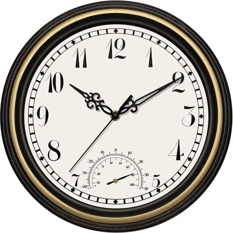 Reloj de pared impermeable para interiores y exteriores con termómetro, retro, silencioso, redondo, para jardín, patio, baño y hogar (30 cm, negro y dorado) (1/4)