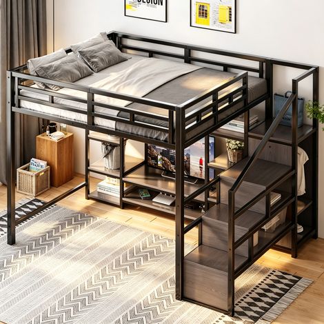 Hochbett 140x200 cm aus Metall/MDF, Schwarz, mit TV-Möbel und Stauraum – MEUBLIV (1/5)