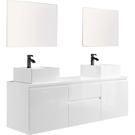 Meuble de salle de bain suspendu avec double vasque et miroirs - Blanc - 150 cm - JIMENA II