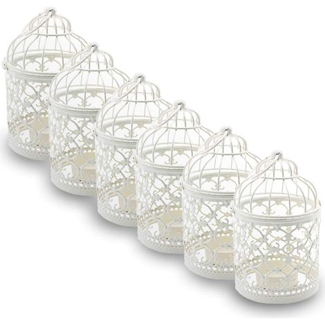 Cage À Oiseaux en Métal Lanterne Décorative Bougie Photophore Lanterne Maison de Mariage Décoration de Table Fer Bougie Bougeoir Lanterne Suspendue (6 x Blanc) (1/5)