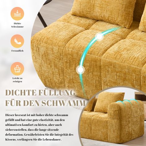 Canapé 2 places confortable jaune sans assemblage,coussin inclus. Poches latérales pratiques pour ranger télécommande et téléphone. (1/5)