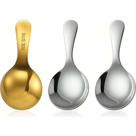 3 Cuillères à pot mini en acier inoxydable (dorées et argentées), longueur 3,94 pouces, manche court : petites cuillères rondes pour épices, condiments, desserts, miel, café, thé, sel, confiture, mout (1/5)
